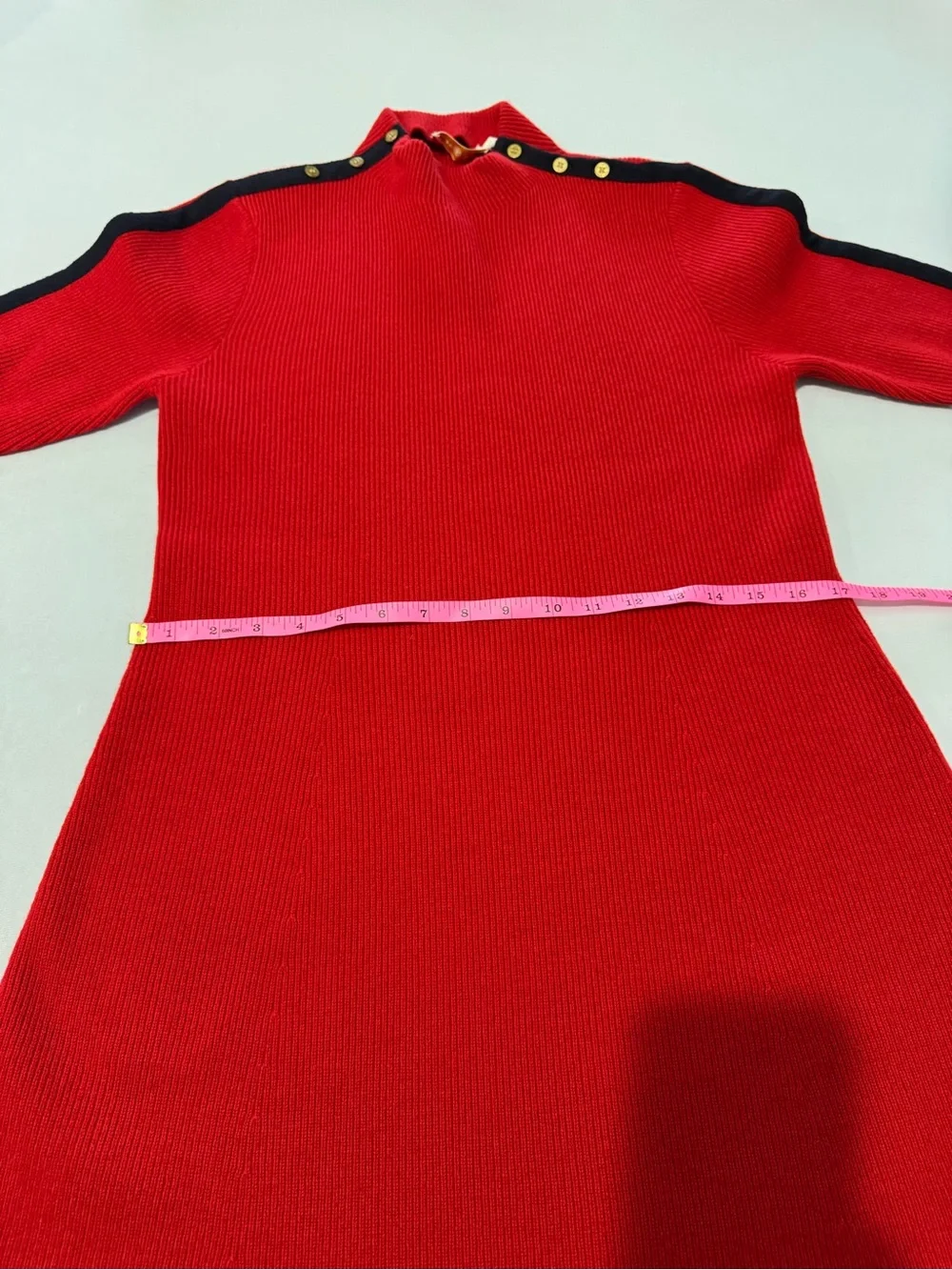 Tory Burch Sardy Merino Wool Sweater Dress Red Navy Gold Buttons L